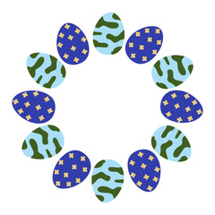 Colorful Easter eggs arranged in a decorative circular pattern on a white background