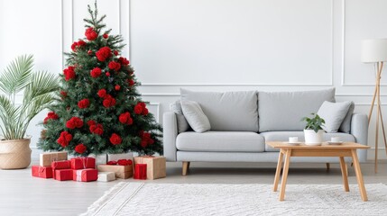 A decorated Christmas tree with ornaments stands in a cozy living room filled with gifts, creating a festive atmosphere