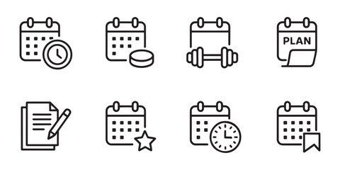Calendar icons with clock puck dumbbell plan paper and star Keywords: calendar icon, date icon, clock