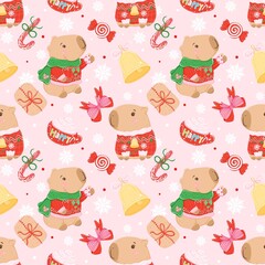 Cute Capybara Christmas Seamless Pattern - Holiday Winter Wallpaper with Sweets and Bells