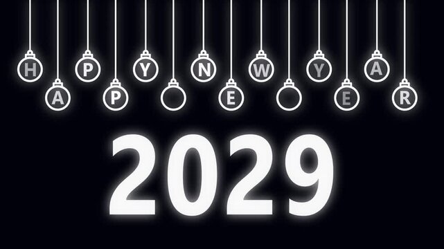 white color happy new year 2029 text animation on black background .