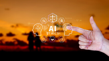 AI ethics expert guides the way, balancing artificial intelligence with humanity, Icons related AI...