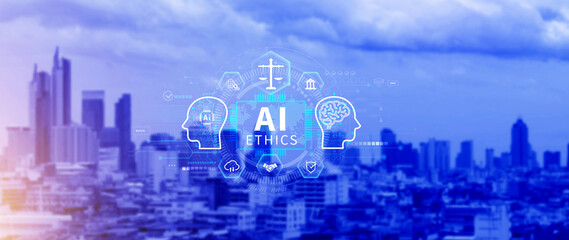 AI ethics expert guides the way, balancing artificial intelligence with humanity, Icons related AI...