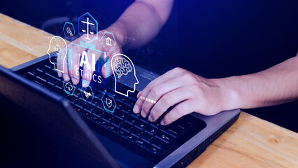 AI ethics expert guides the way, balancing artificial intelligence with humanity, Icons related AI...