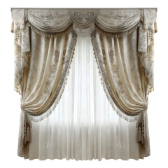 Luxurious beige patterned drapery curtains with ornate swags and tassels for elegant home interiors