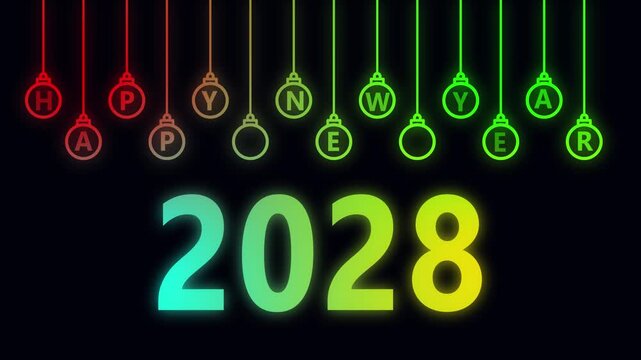 colorful color happy new year 2028 text animation on black background .