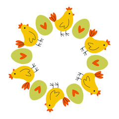 Colorful design featuring cheerful chickens and green eggs arranged in a circular pattern for springtime festivities