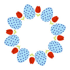 Colorful circle of blue polka dot eggs and red tulips for spring celebrations and festive decorations