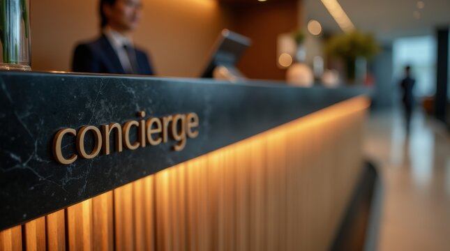 Concierge desk with Asian woman staff blurred in background. Hotel reception area or luxury service counter. Hospitality and premium guest experience. 