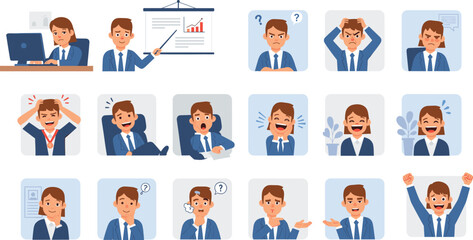 Cartoon businessman showing emotional and professional expressions in office settings, including stress, joy, confusion, celebration, thinking, and presenting.