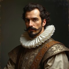 Obraz premium Portrait of man featuring mustache and beard. Illustration uses classical renaissance style depicting elegant person wearing historical clothing. Image can be used for various art and design projects.