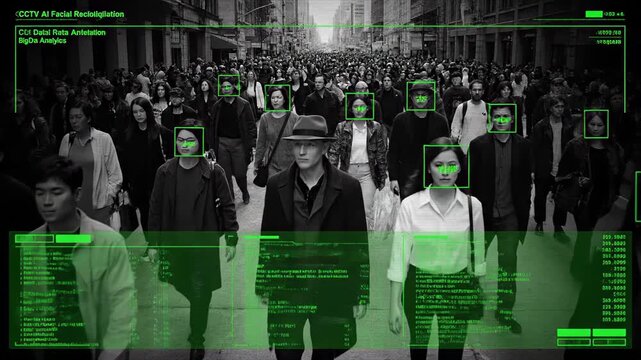Cutting edge surveillance camera with facial recognition scans a diverse urban crowd, using AI and biometrics for real time identification and tracking on a busy city street
