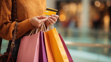 Commercial high-resolution photo of woman holding shopping bags and credit card in a mall.