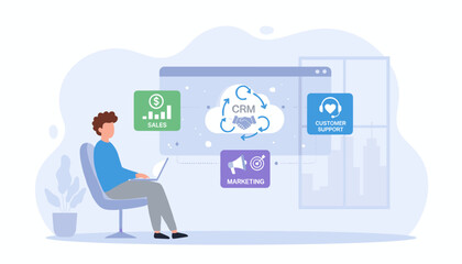 Modern flat illustration of a person using a laptop to manage customer relationships through CRM software, integrating sales, marketing, and customer support functions in a cloud-based system for