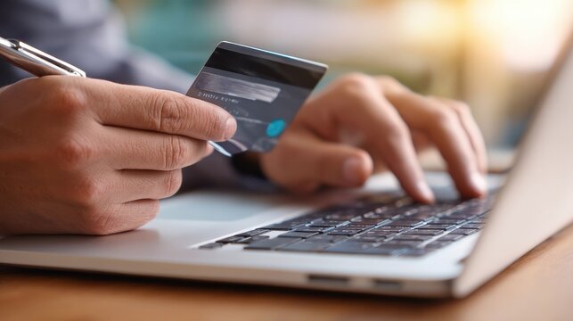 Commercial high-resolution photo of person using credit card for online shopping on laptop.