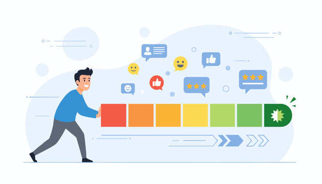 Man pushing a color-coded bar representing customer feedback and experience, with speech bubbles showing positive emojis, thumbs up, and star ratings, illustrating the concept of customer