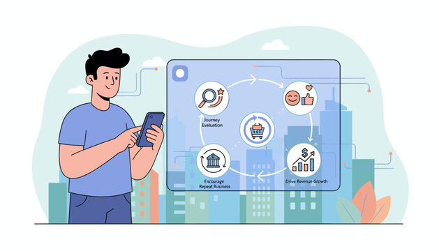 Modern flat illustration of a person using a smartphone to navigate a customer journey map, showcasing business growth, repeat business, and journey evaluation with icons for satisfaction and
