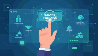 Conceptual illustration of grant funding, with a finger touching a digital interface displaying 'Grant Funding' and icons representing foundations, government, companies, and non-profit