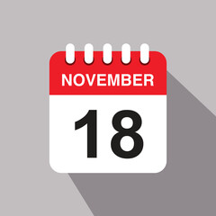 18 november calendar date icon. vector illustration with shadow design
