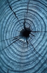Obraz premium Close up photo shows wood texture. Blueish color emphasizes wood rings. Focus on natural cracks and hole in the center. Abstract background for design.