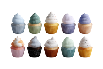 Colorful variety of mini cupcakes with pastel frosting and decorative wrappers delightful sweet treats for parties and celebrations transparent background