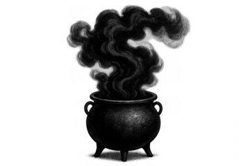 Black cauldron brewing an evil potion with smoke