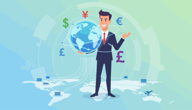 Global Currency Exchange Concept: A Businessman Holds the Earth Surrounded by Major World Currency Symbols, Illustrating International Finance, Trade, and Economic Connectivity with Shipping