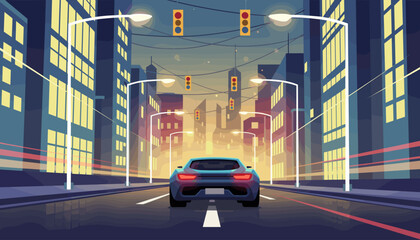 Rear-view of a sleek blue sports car driving down a brightly illuminated city street at dusk, with tall buildings lining the road and traffic lights guiding the way, creating a dynamic and modern