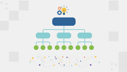 Modern flat vector illustration of an organizational structure concept, featuring a hierarchical chart with interconnected nodes, gears, and a lightbulb symbolizing ideas and business strategy, set