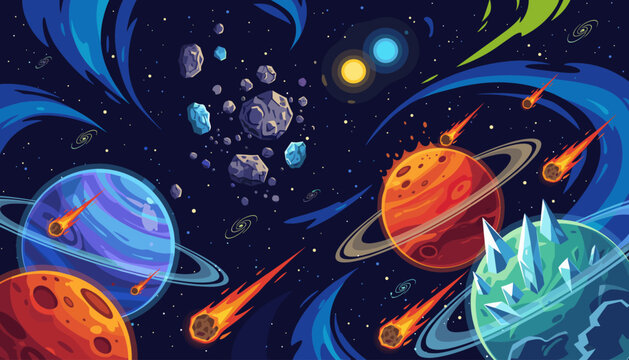 Vibrant and dynamic illustration of deep space, featuring colorful planets with rings, a dense asteroid field, and fiery comets streaking across the dark, star-filled expanse, evoking a sense of