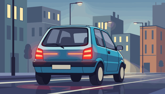 Rear view of a blue city car with illuminated taillights driving on a wet street at dusk, surrounded by buildings and streetlights, conveying a sense of urban travel and nighttime ambiance.