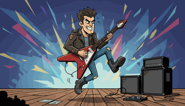 Energetic rock guitarist with a red V-shaped electric guitar, ripped jeans, and leather jacket, performing passionately on a wooden stage with amplifiers and effects pedals, against a vibrant