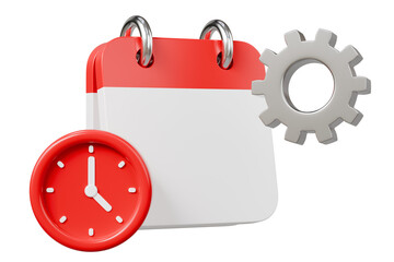 3d calendar with gear and clock icon. time management settings concept. Minimal cartoon planner timetable reminder for app dashboard banner. isolated on white background. 3d render.