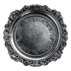 An elegant antique style decorative silver tray with ornate carvings and a detailed rim presented on a clean white background