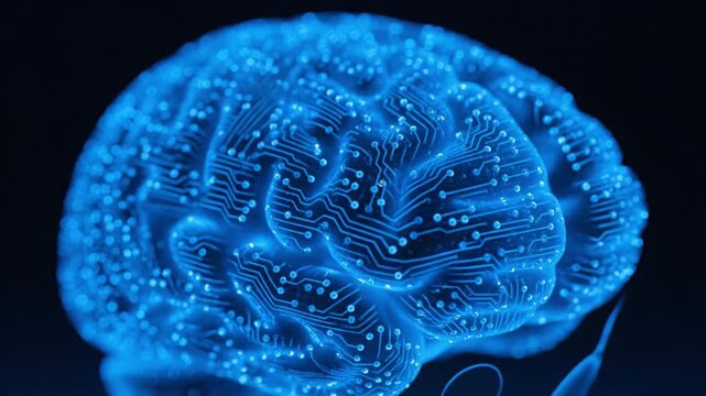 Glowing blue brain with intricate circuit patterns symbolizes fusion of technology and neuroscience, representing innovation, intelligence, and future of cognitive science and digital advancement