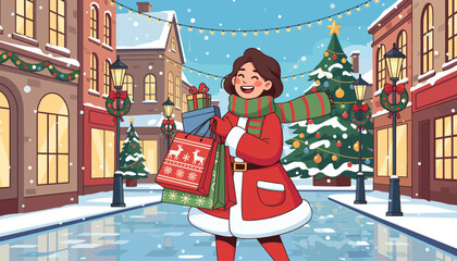 Joyful woman in festive red coat and scarf, laden with Christmas shopping bags and gifts, walks down a snow-covered street adorned with twinkling lights, decorated trees, and wreaths, embodying the