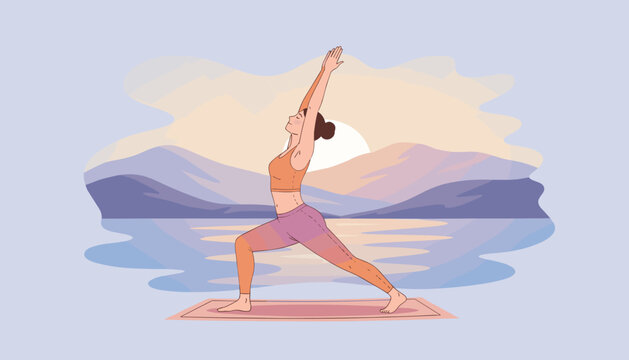 Serene woman practicing yoga warrior pose at sunrise, with soft focus mountains and calm lake reflecting the pastel sky, promoting wellness and mindfulness in a beautiful natural landscape.