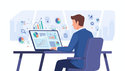 Modern business professional analyzing complex data charts and graphs on a laptop screen, showcasing financial growth, market trends, and customer insights in a contemporary office setting with city