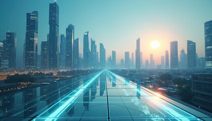 Fototapeta premium Futuristic city skyline with modern skyscrapers, sleek architecture at sunset. Glass walkway with neon lights leads to downtown area. Urban landscape with high-rise buildings, tech infrastructure.