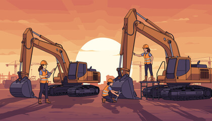 Diverse team of female engineers in hard hats and safety vests meticulously inspecting and repairing heavy-duty excavators at a construction site during a vibrant sunset, showcasing teamwork and