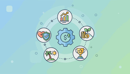 Employee Benefits and Compensation Strategy Concept: A visual representation of a holistic approach to employee well-being, financial growth, and overall success, centered around a core mechanism for
