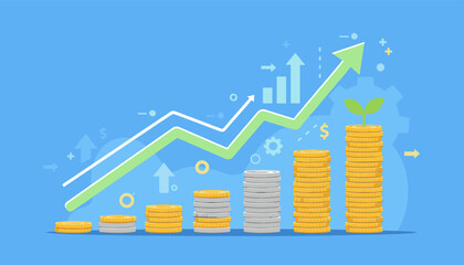 Vibrant flat illustration depicting a financial stock market graph with ascending green and white lines, symbolizing growth and progress, alongside stacks of gold and silver coins, representing