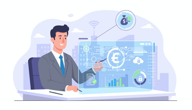 Modern businessman interacting with a futuristic holographic interface displaying financial data, euro symbol, cloud storage, and security lock, representing e-invoicing and online digital statements
