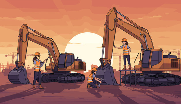 Diverse team of female engineers in hard hats and safety vests meticulously inspecting and repairing heavy-duty excavators at a construction site during a vibrant sunset, showcasing teamwork and