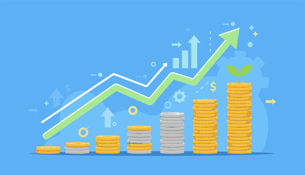 Vibrant flat illustration depicting a financial stock market graph with ascending green and white lines, symbolizing growth and progress, alongside stacks of gold and silver coins, representing
