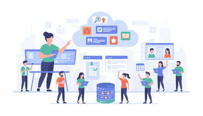 Diverse team of professionals collaborating on a cloud-based HR management system, showcasing data analysis, task management, and employee profiles for efficient human resource operations and