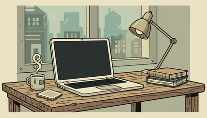 Cozy home office scene with a laptop featuring a blank screen, a steaming mug of coffee, a stack of books, and a desk lamp, all set against a window overlooking a cityscape, evoking a sense of