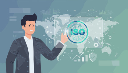 A smiling businessman in a suit adorned with a world map pattern interacts with a holographic interface displaying the ISO logo, symbolizing global quality standards, assurance, and international