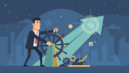 Business leader steering a ship's wheel, guiding a glowing arrow with a globe towards future success, symbolizing leadership, vision, and company direction in a stylized cityscape at night.