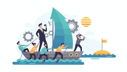 Dynamic illustration of a business team rowing a boat towards a goal, led by a confident figure with a megaphone, symbolizing leadership, teamwork, and achieving success in a corporate environment